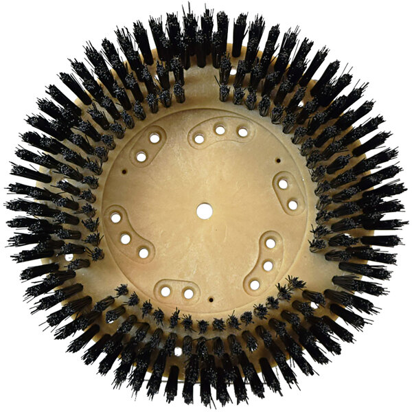 A circular Bissell carpet scrubbing brush with black bristles.