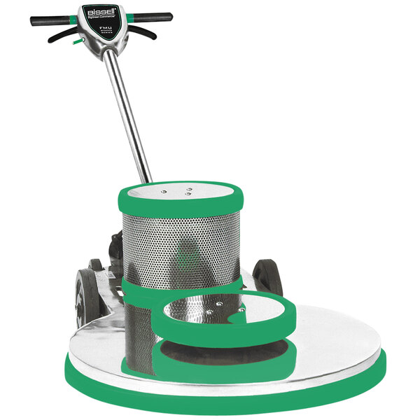 A white floor burnishing machine with green trim and wheels.