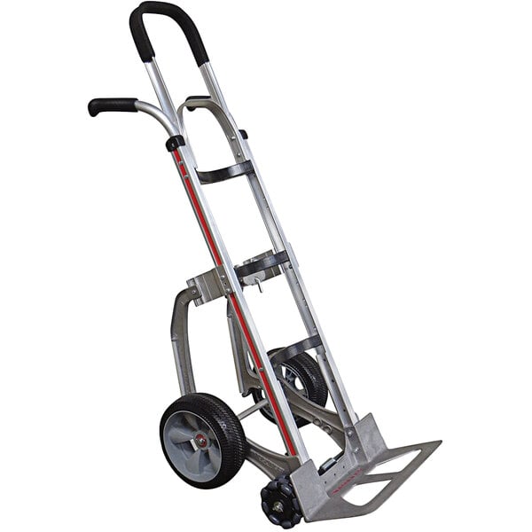 A silver Magliner hand truck with black wheels and double grip handles.