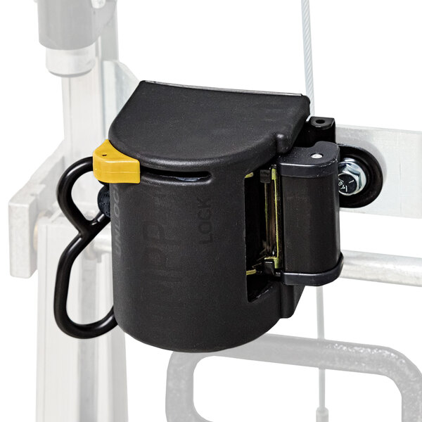 A yellow and black Magliner self-retracting strap with a metal pole.