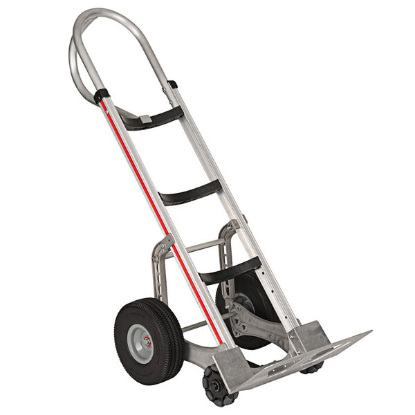 A silver Magliner hand truck with red wheels and a vertical loop handle.
