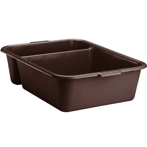 A brown plastic Vollrath Traex bus tub with two compartments.