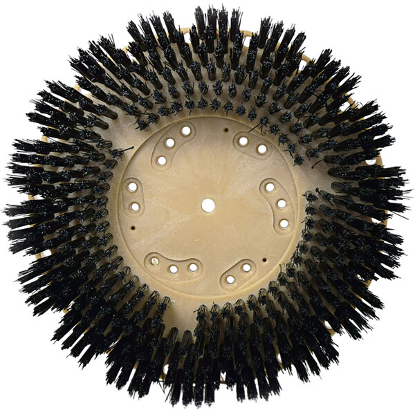 A circular Bissell floor scrubbing brush with black bristles.