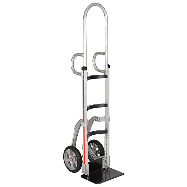 A silver hand truck with black double loop handles and wheels.