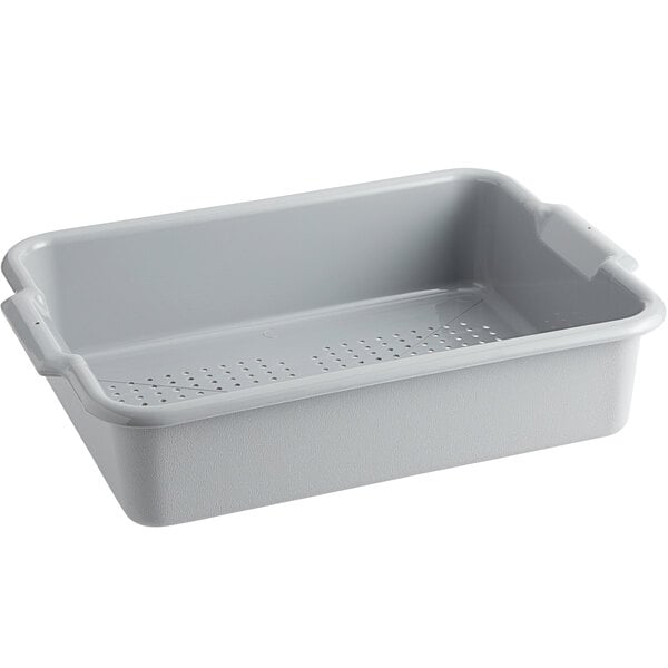 A gray plastic container with holes.