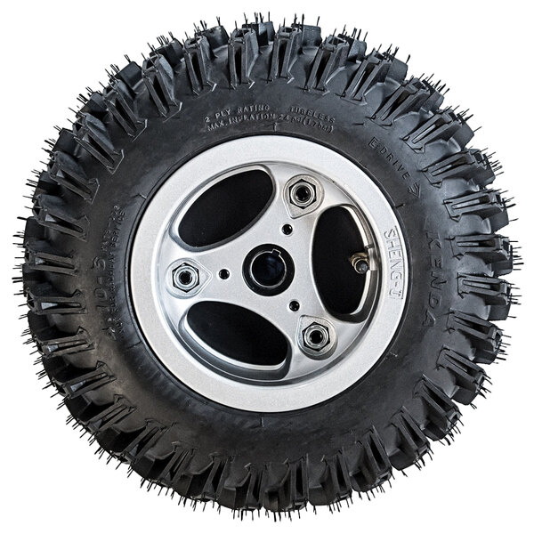 A close up of a Magliner 13" pneumatic tire with a black rim and aggressive tread.