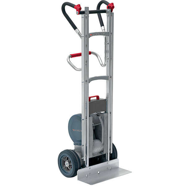 A Magliner heavy-duty hand truck with a red handle and wheels.