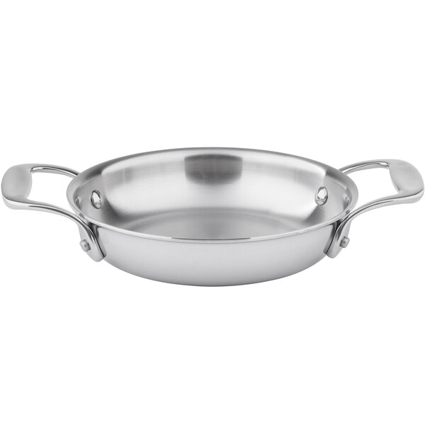 A Tablecraft stainless steel mini casserole dish with handles.