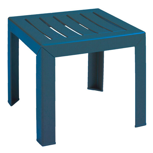 A Grosfillex barn blue plastic low table with slatted legs.