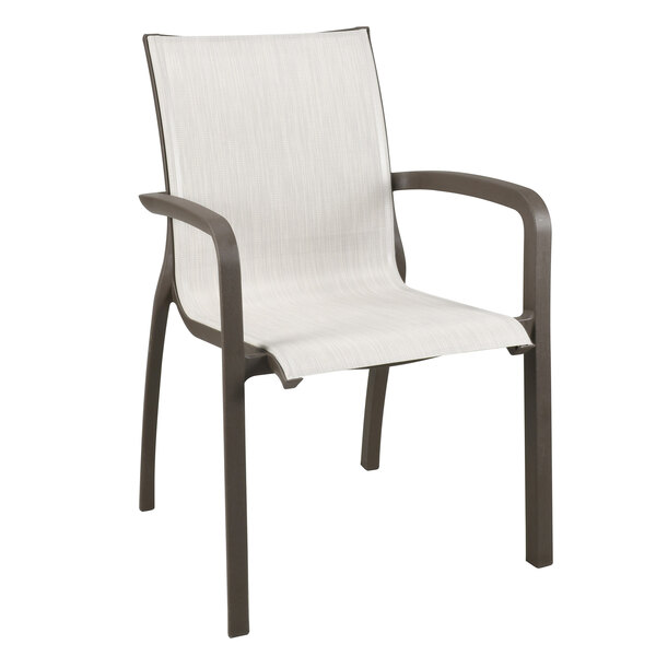 A white outdoor chair with a black metal frame and beige sling seat.