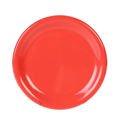A close-up of an orange melamine plate with a wide rim.