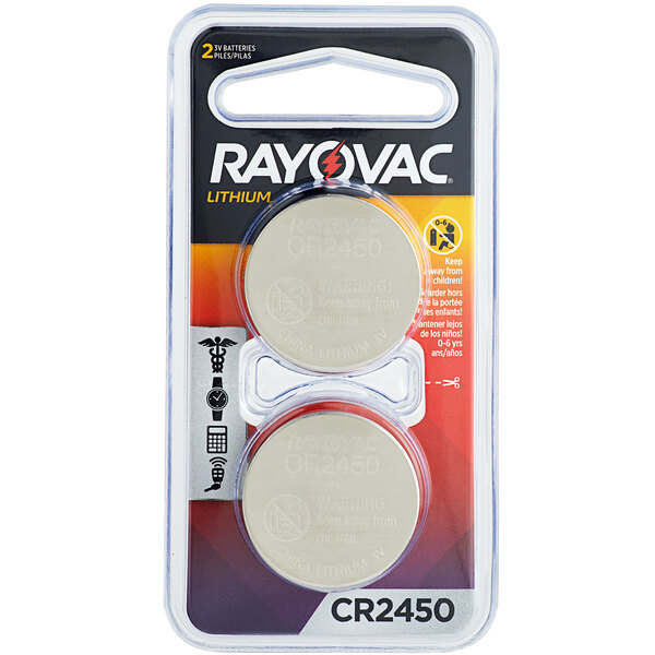 A Rayovac package of 2 CR2450 lithium coin button batteries.