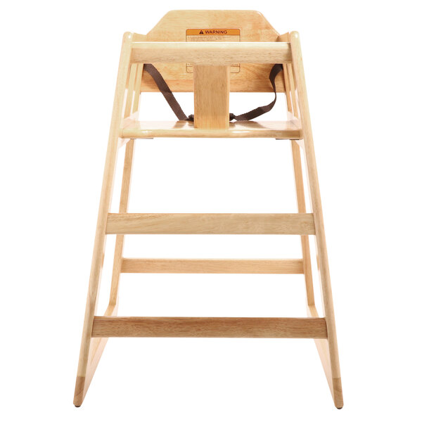 A GET hardwood high chair with a seat, backrest, and strap.