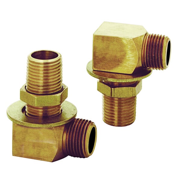 A T&S brass elbow installation kit with two gold metal fittings.