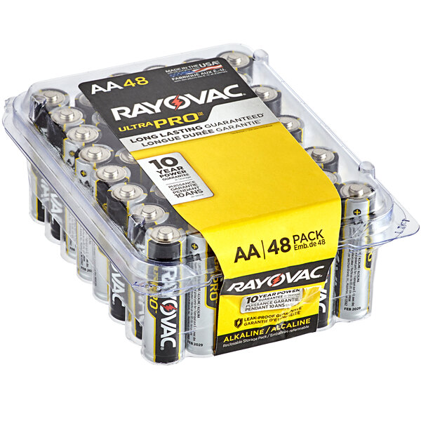 A pack of Rayovac Ultra Pro Industrial AA alkaline batteries in a plastic container.