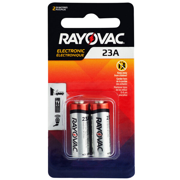 A Rayovac 23A Alkaline Batteries 2-pack in a package.