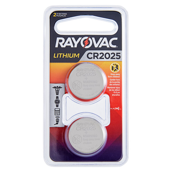 A package of Rayovac 3V CR2025 lithium coin button batteries.
