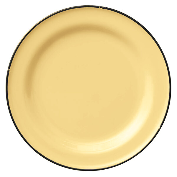 A close up of a yellow Luzerne Tin Tin porcelain plate with a black rim.