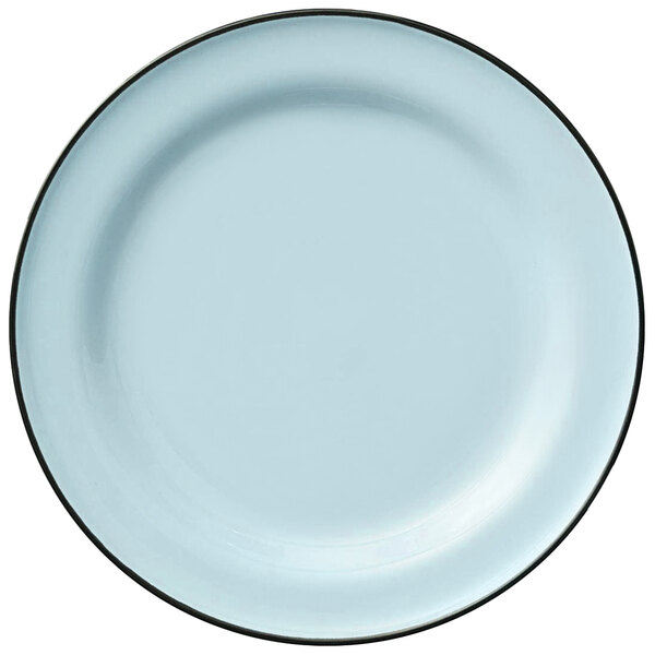 A white porcelain plate with a light blue background and black rim.