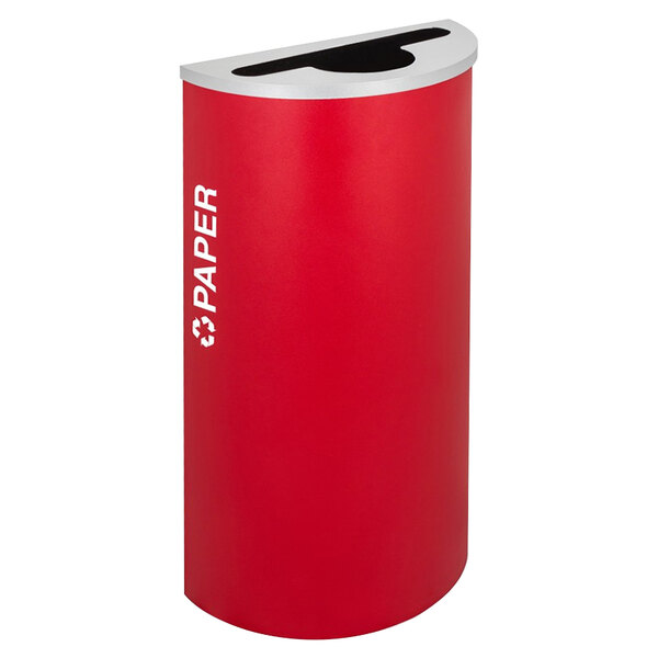 An Ex-Cell Kaiser ruby red half round paper recycling bin with white text on it.