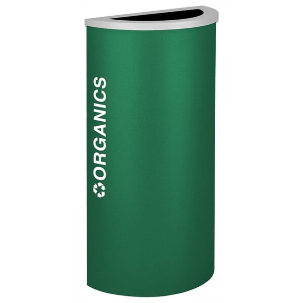 A green half round receptacle with white text that says "Organics"