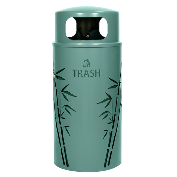 A green Ex-Cell Kaiser Nature Series steel trash receptacle with bamboo design.