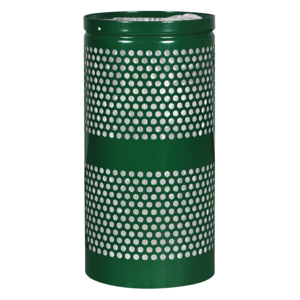 An Ex-Cell Kaiser round hunter green waste receptacle with white dots and a green stripe.
