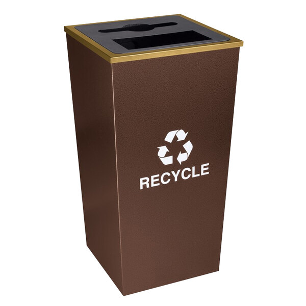 An Ex-Cell Kaiser brown hammered copper recycle bin with a recycle symbol on it.
