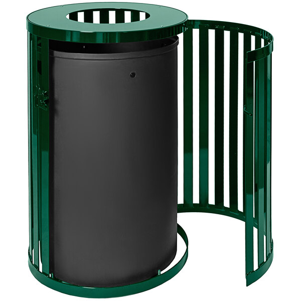 A round green metal Ex-Cell Kaiser outdoor trash receptacle with a metal frame.