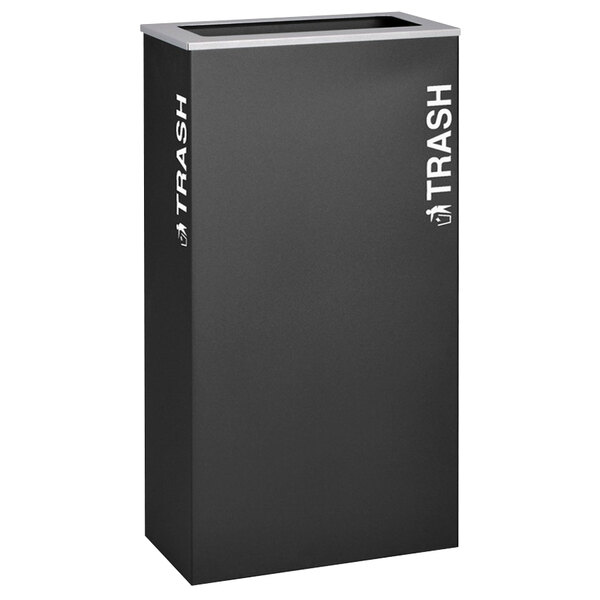 A black rectangular Ex-Cell Kaiser trash receptacle with white "Trash" text.