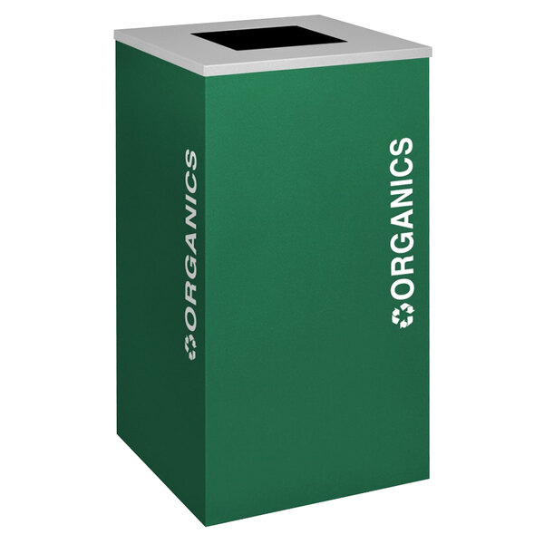 A green square Ex-Cell Kaiser recycling bin with white text that says "Organics"
