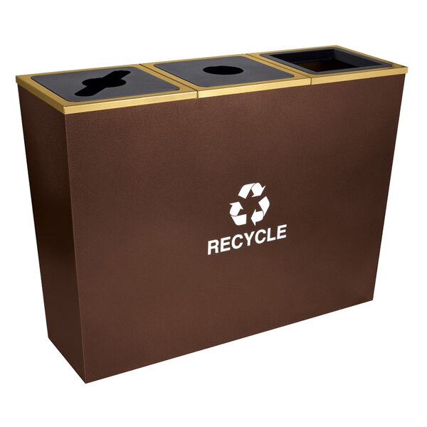An Ex-Cell Kaiser Metro Collection brown, hammered copper rectangular recycling bin with three compartments and black tops.