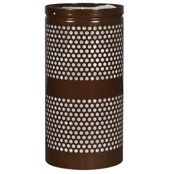 A brown cylindrical Ex-Cell Kaiser Landscape Series waste receptacle with holes in it.