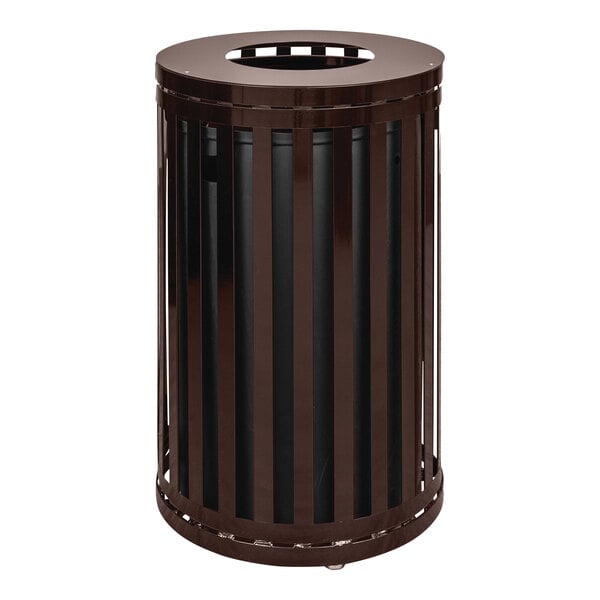 An Ex-Cell Kaiser Streetscape coffee brown outdoor trash receptacle with a black flat top lid.