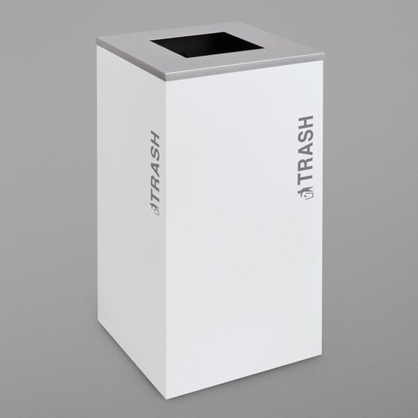 A white rectangular Ex-Cell Kaiser trash receptacle with a square top and grey text reading "Black Tie Kaleidoscope"