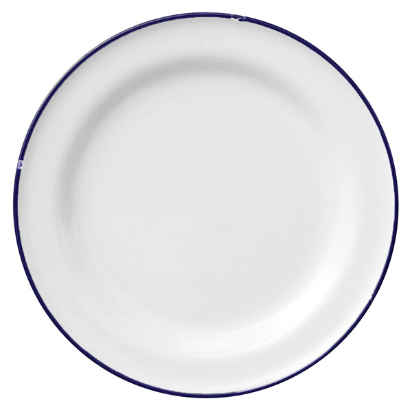A white porcelain plate with a blue rim.