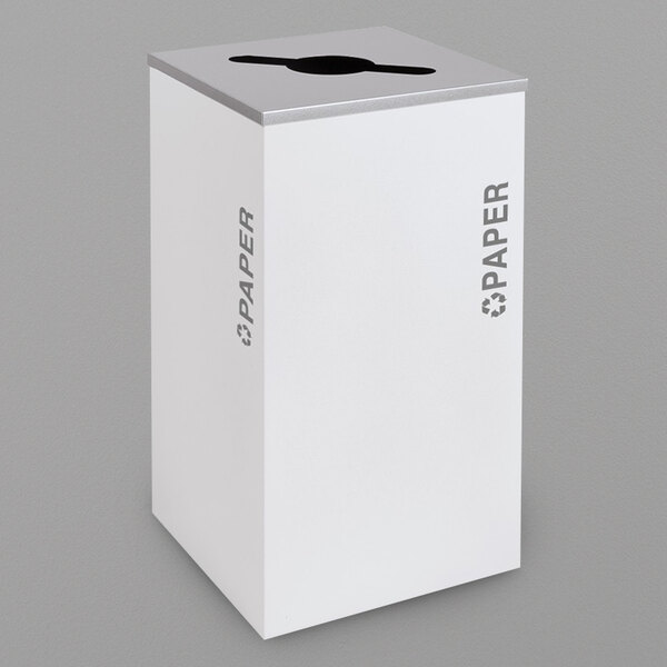 A white Ex-Cell Kaiser recycling box with grey text that says "Paper" and a square hole in the top.