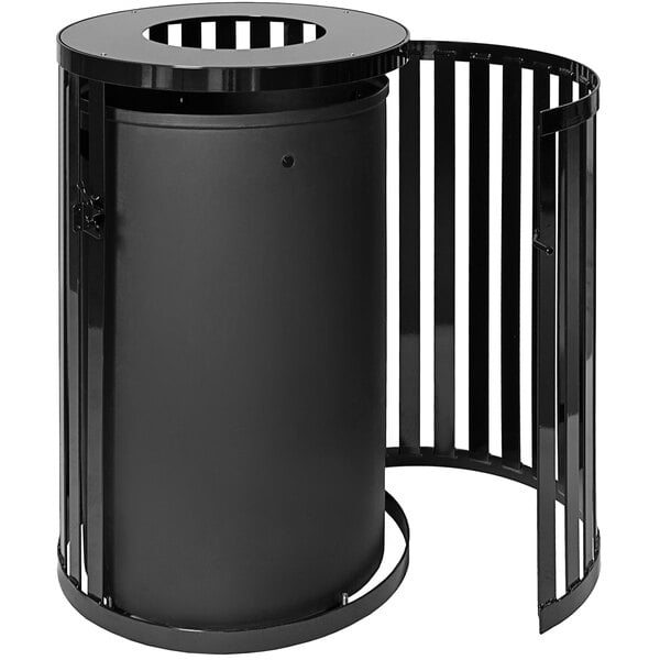 A black metal Ex-Cell Kaiser outdoor trash receptacle with a metal cage.