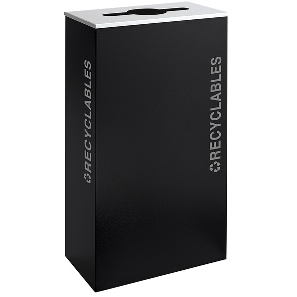 A black rectangular recycle bin with white text that says "Recyclables" on it.