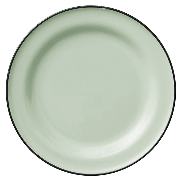 A white porcelain plate with a black rim.