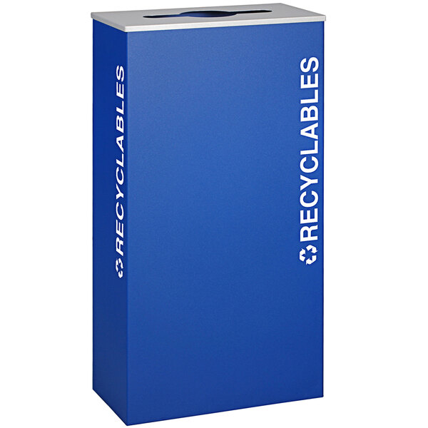 A royal blue rectangular recycling bin with white "Recyclables" text.