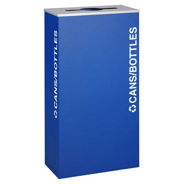 A royal blue rectangular recycling bin with white text that says "Cans / Bottles"