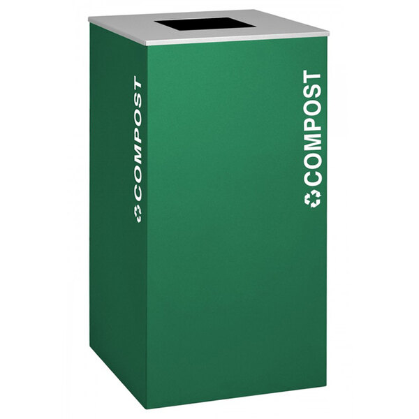 A green square recycling bin with white text that says "compost"
