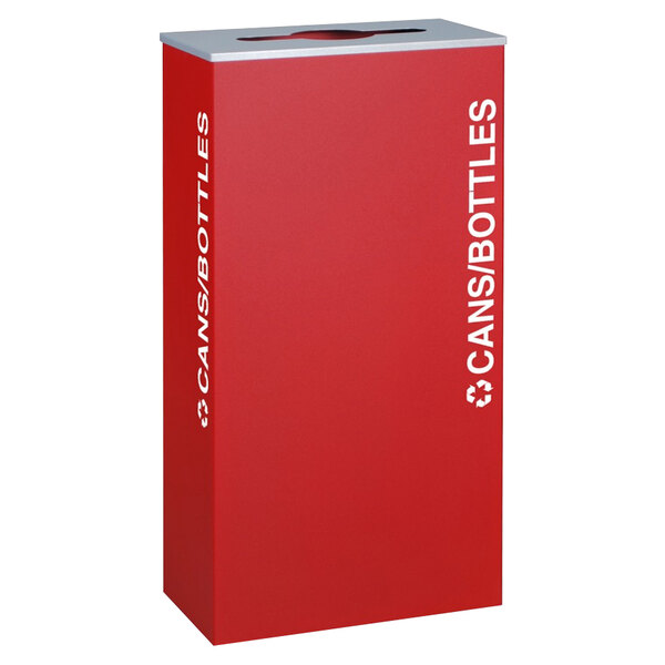 A red rectangular recycling bin with white text reading "Cans / Bottles" and "Receptacle" on it.