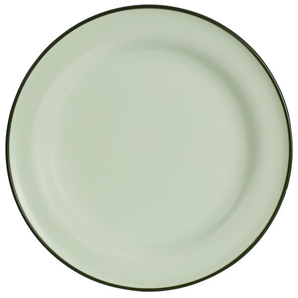 A white plate with a green rim.