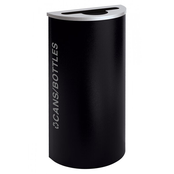 A black half round recycling receptacle with white text on it and a black lid.