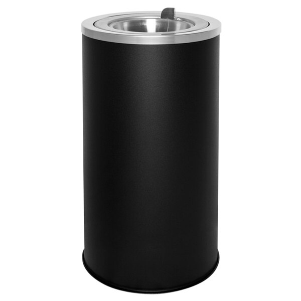 A black cylinder with a stainless steel flip top.