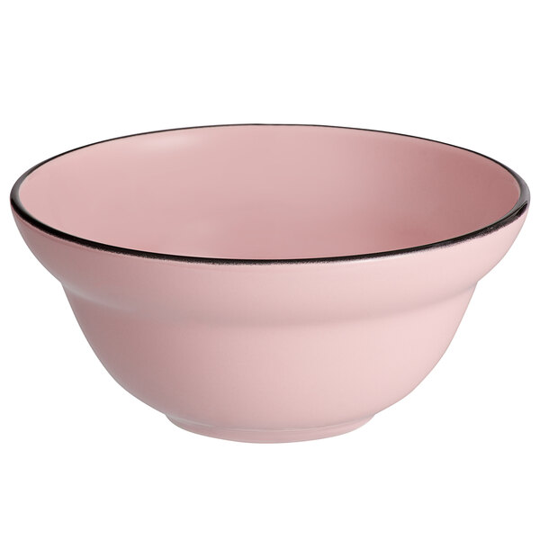 A Luzerne pink porcelain cereal bowl with a black rim.