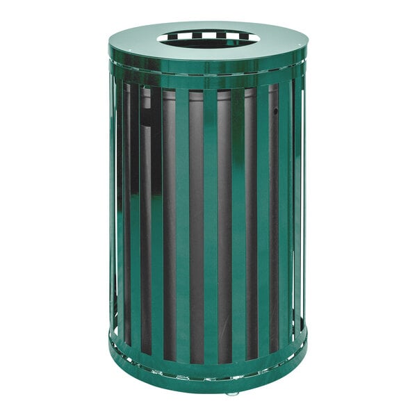 A green and black metal Ex-Cell Kaiser Streetscape outdoor trash receptacle.