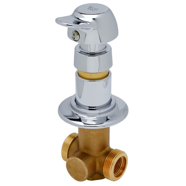 A chrome plated T&S concealed straight valve with a brass handle.